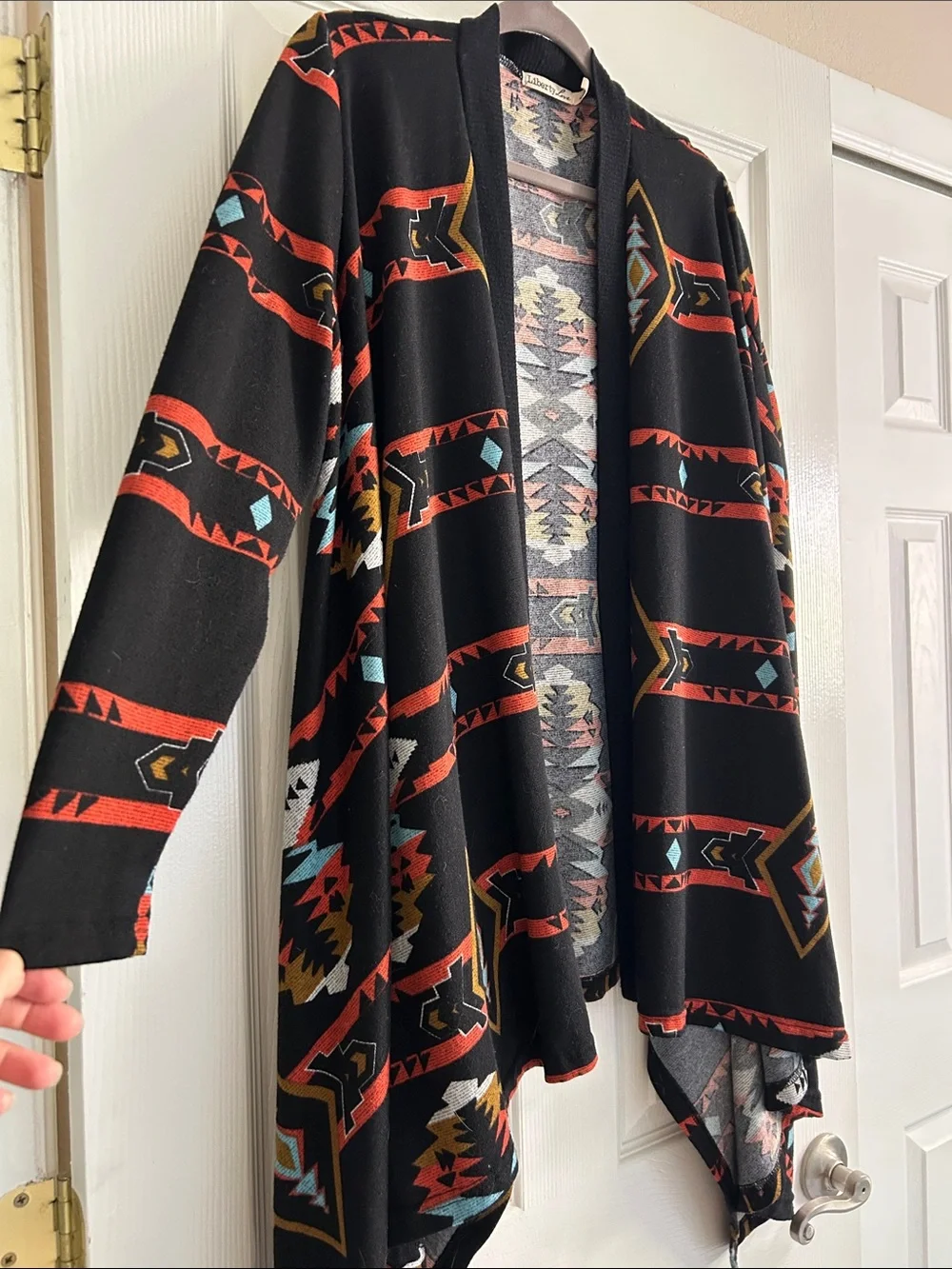 Liberty Love Southwestern Aztec Print Waterfall Cardigan Black Large